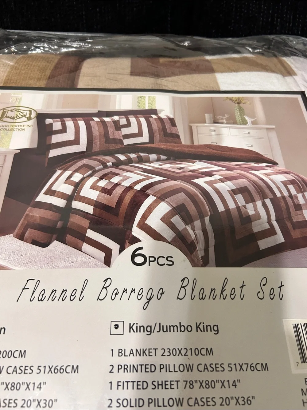 Flannel Borrego Blanket Set - Brown Plaid, 6pc